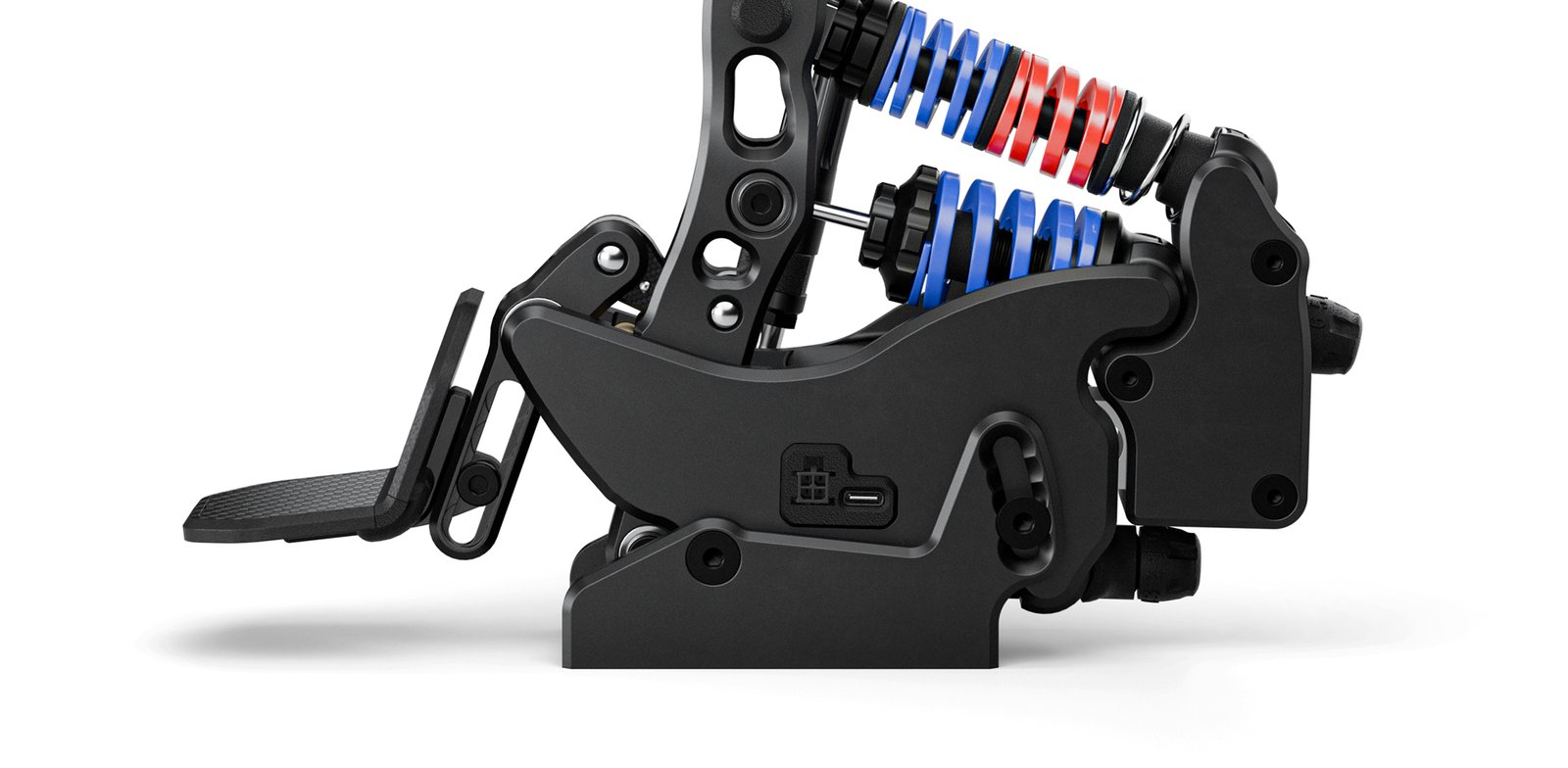 Detail shot of the electronic connection panel on the FATBLACKCAT PurrPRO FORMULA PEDALS base, featuring USB Type-C and Molex connectors.