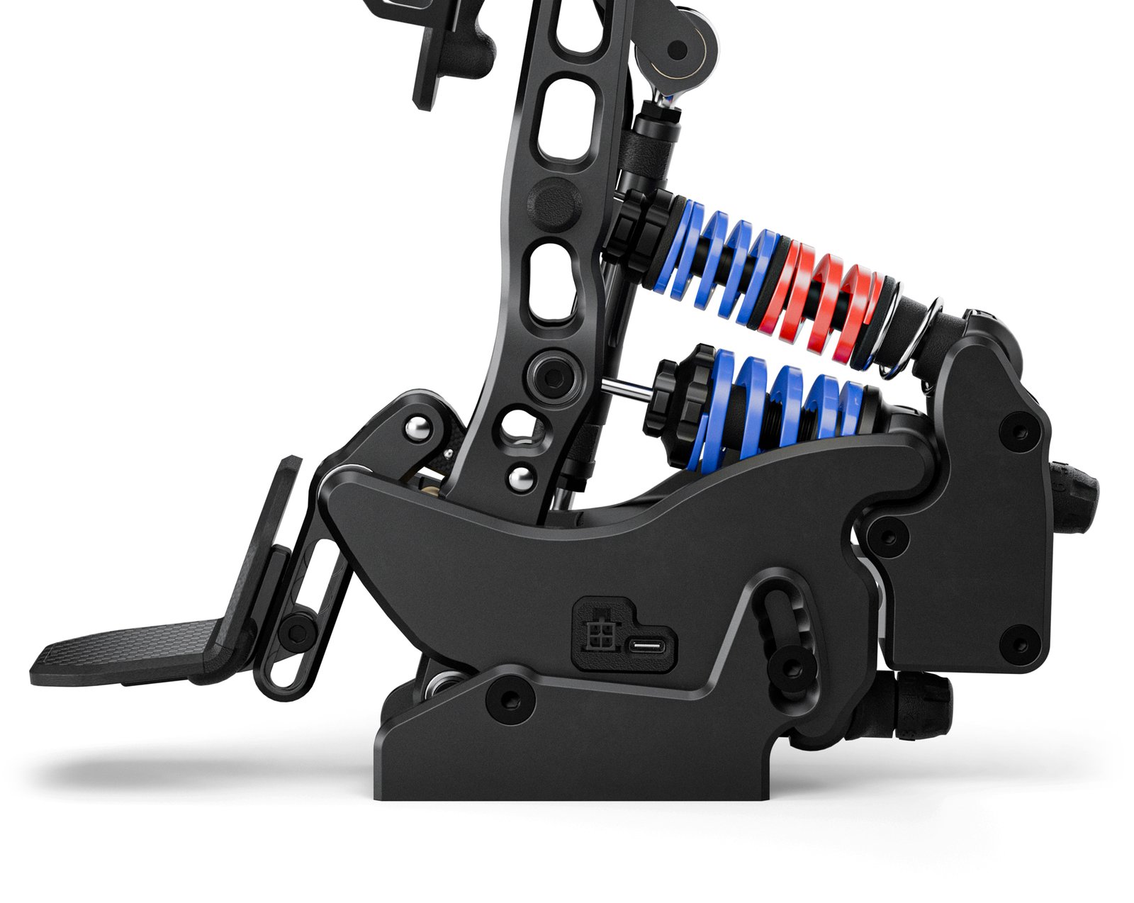 Detail shot of the electronic connection panel on the FATBLACKCAT PurrPRO FORMULA PEDALS base, featuring USB Type-C and Molex connectors.