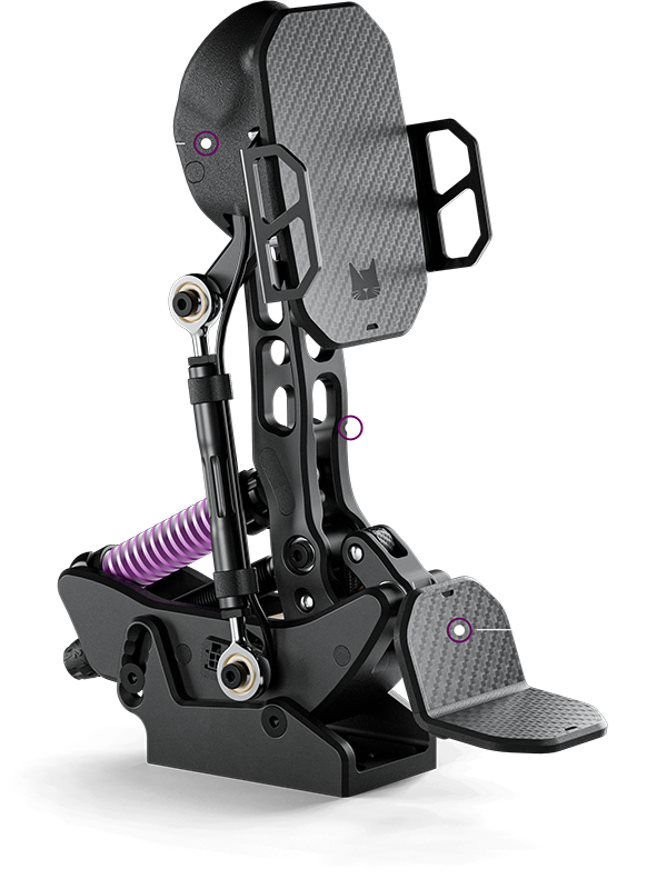 Standalone view of the PurrPRO FORMULA PEDALS throttle unit showing its robust all-metal CNC aluminum construction.