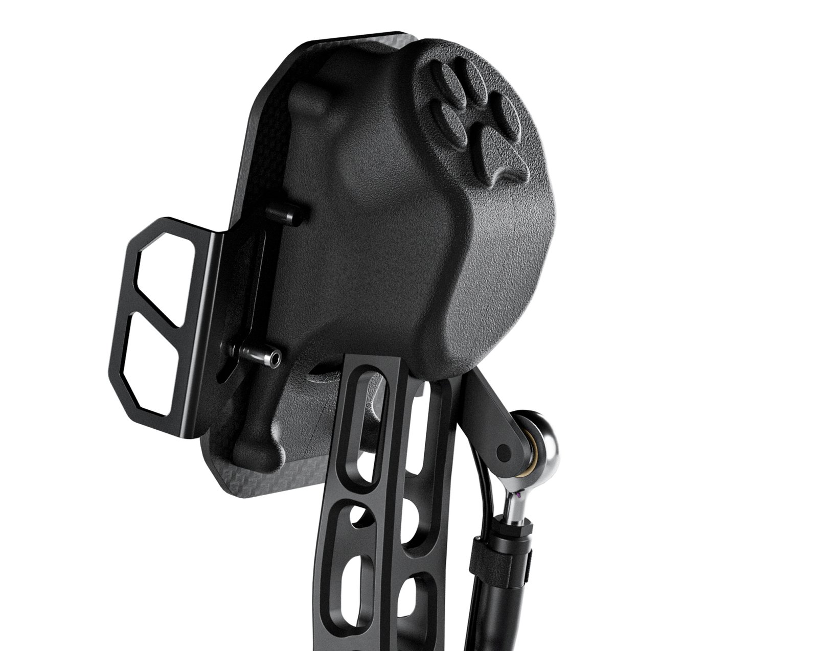 Close-up view of PurrForce haptic feedback system motor mounted on the brake unit of PurrPRO FORMULA PEDALS, providing realistic vibrations.