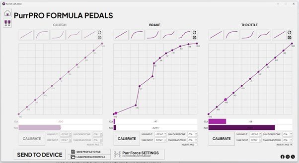 PurrOS calibration screen showing clutch, brake and throttle curves