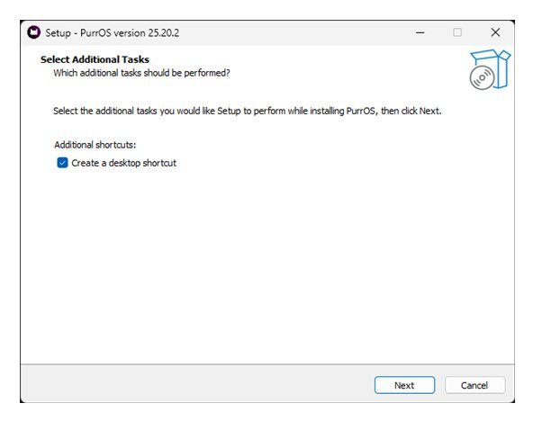 PurrOS installer — Select Additional Tasks step