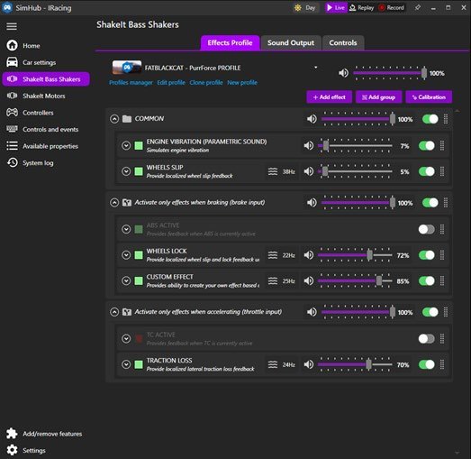 SimHub ShakeIt effects list for the PurrForce profile