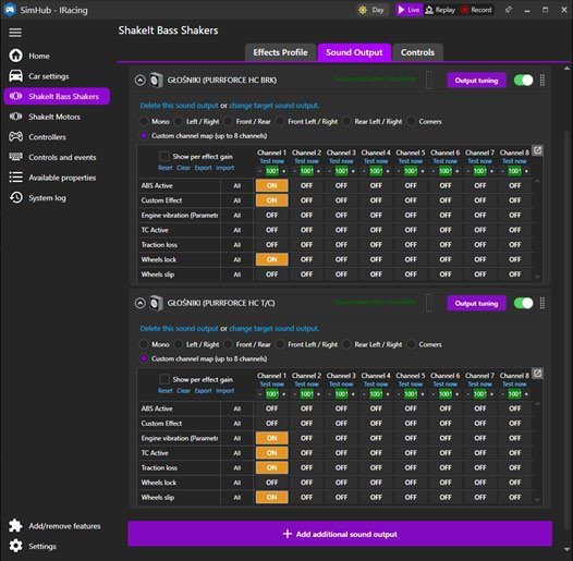 SimHub channel routing grid for the bass shakers