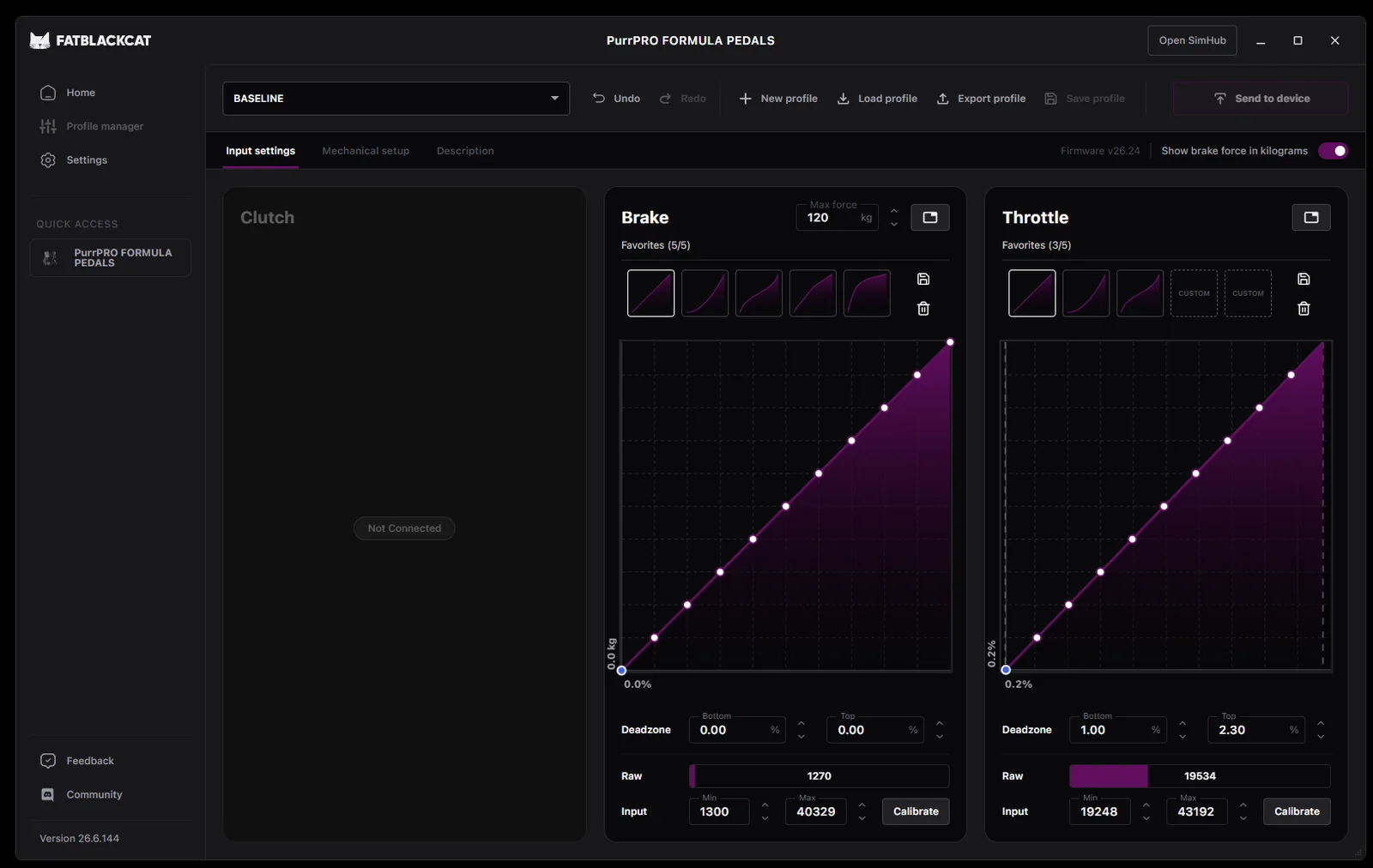 PurrOS 2.0, Input settings: brake and throttle response curves in kilograms, deadzones and calibration