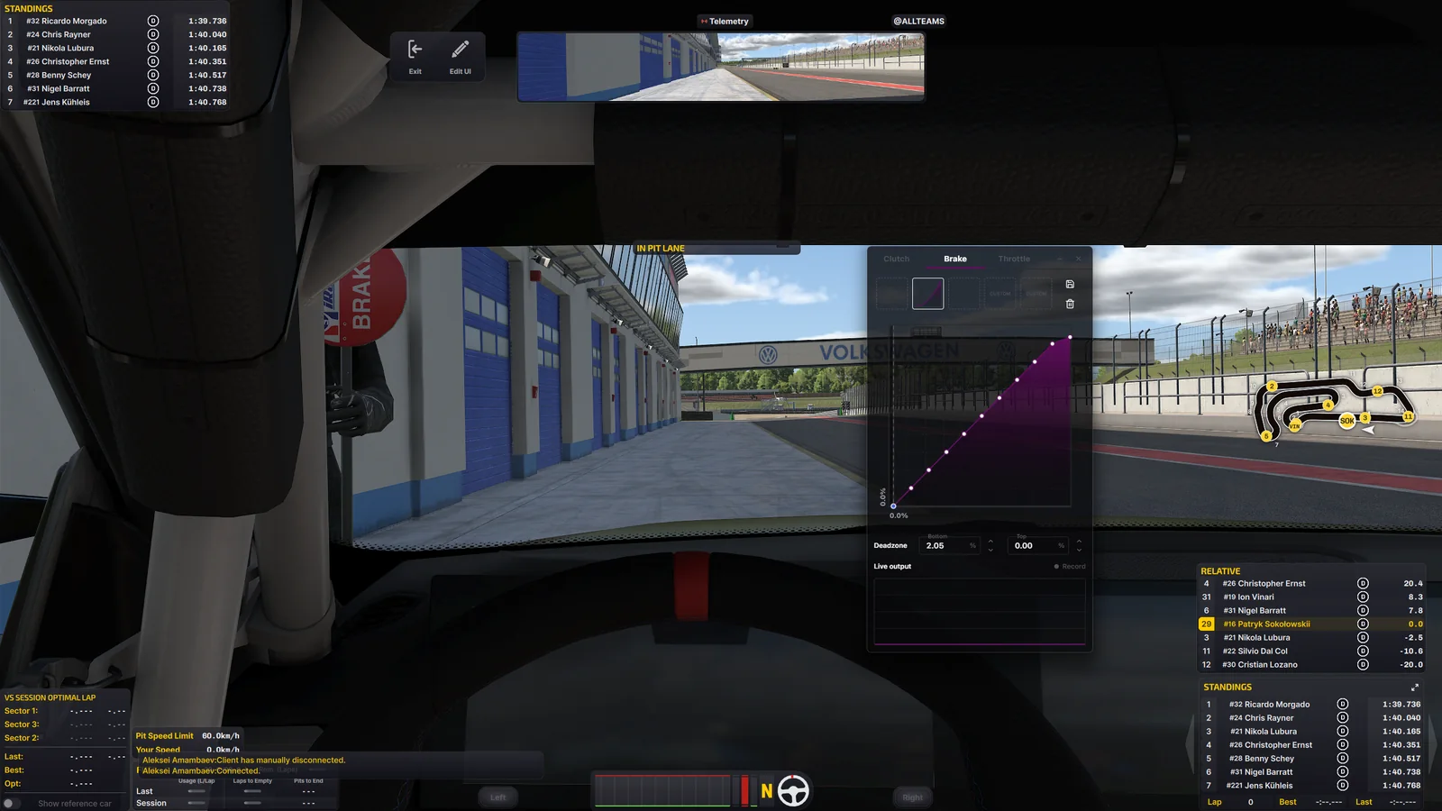 PurrOS 2.0 overlay inside the sim: brake curve and deadzones adjusted without leaving the car
