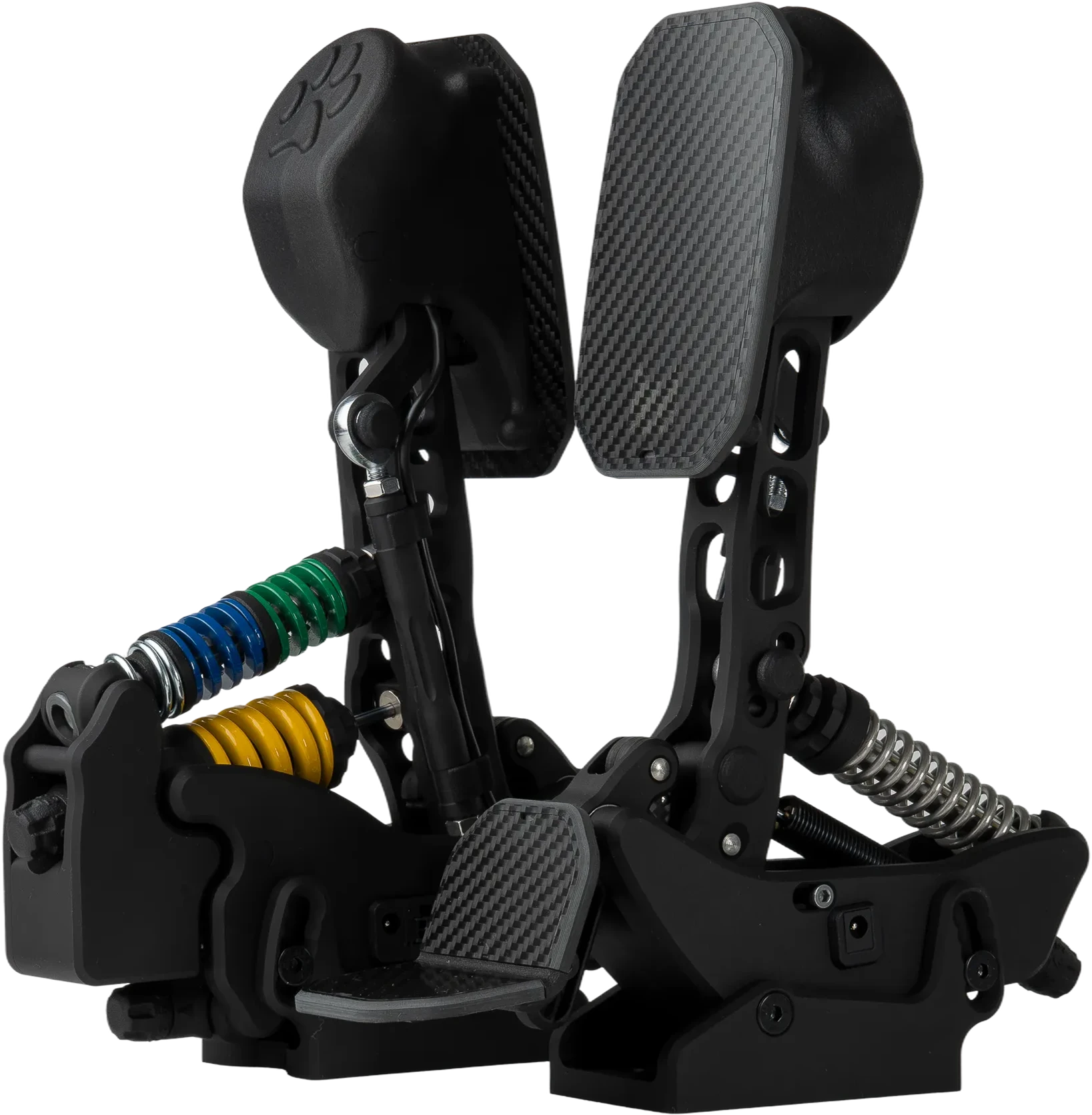 PurrPRO FORMULA PEDALS — rear view with colour-coded brake spring stack and throttle spring