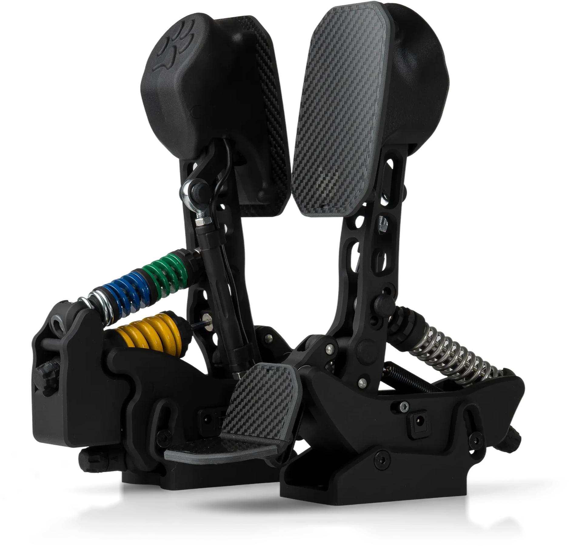 PurrPRO FORMULA PEDALS — rear view with colour-coded brake spring stack and throttle spring
