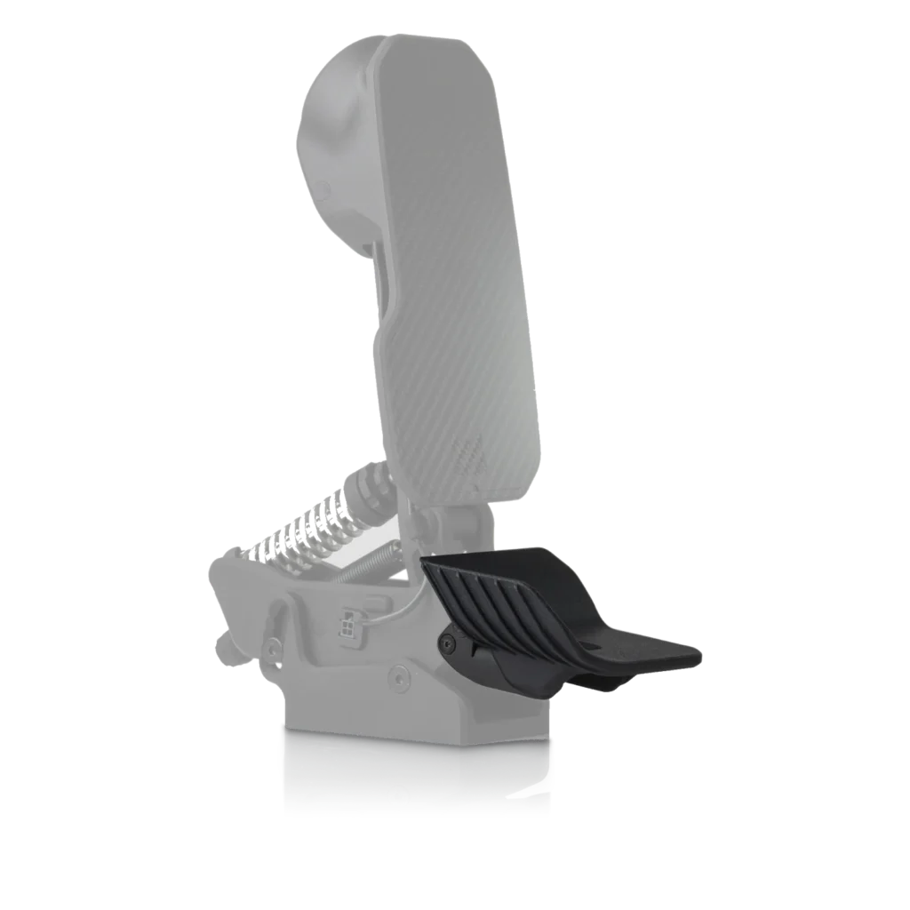 Asymmetric heel cup, left, mounted on a PurrPRO GT pedal