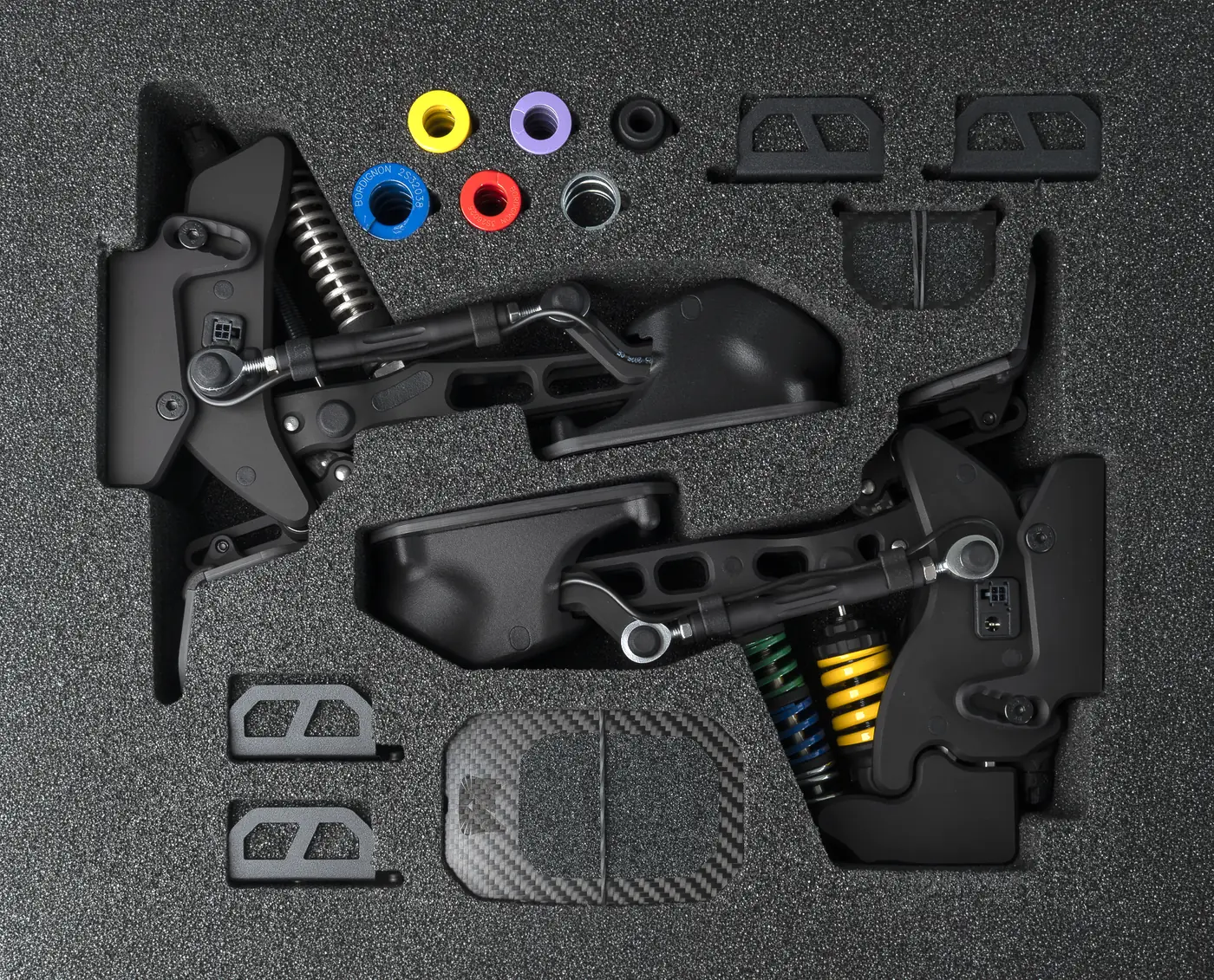 PurrPRO FORMULA PEDALS packed in foam: both pedals, spring and washer sets, footrests, heel plates and cables